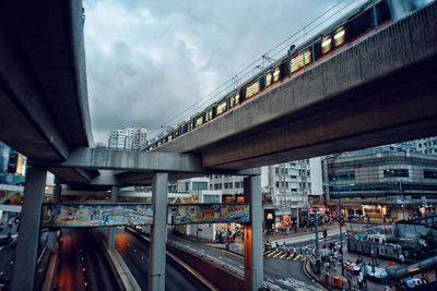 Railroad tracks in city against sky