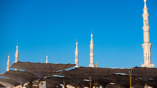 Panoramic view of buildings against clear blue sky