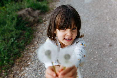Upper view on small child holding out dandelion flowers