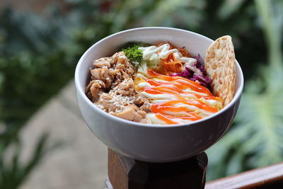 High angle view of food in bowl on table