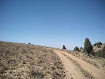 Dirt road amidst field against clear blue sky