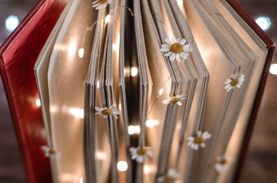 Low angle view of illuminated lights hanging on metal
