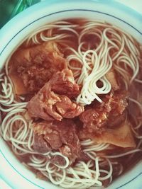 Close-up of noodles served in bowl