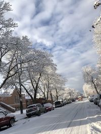 Snow covered road by trees against sky