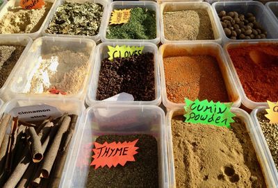 High angle view of spices for sale at market stall