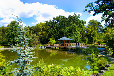 Scenic view of lake by trees against sky