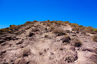 Low angle view of rock formation against clear blue sky