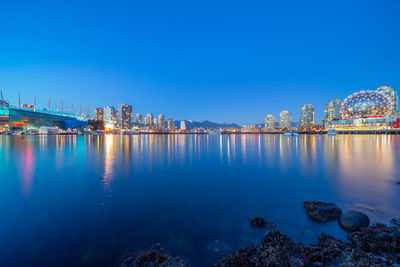 City at waterfront against blue sky