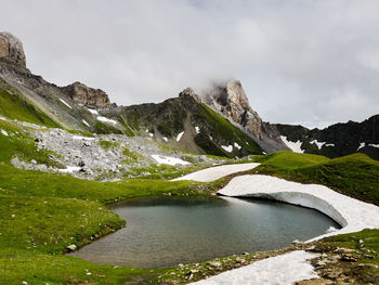 Scenic view of lake and mountains against sky