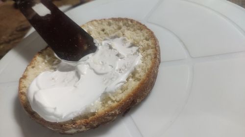 High angle view of bread in plate on table