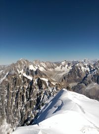 Scenic view of snowcapped mountains against clear blue sky