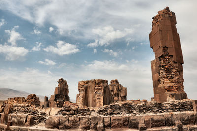 Low angle view of rock formation against sky