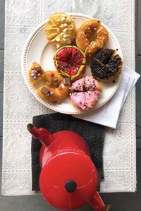 High angle view of dessert served on table