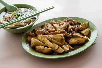 High angle view of meat in bowl