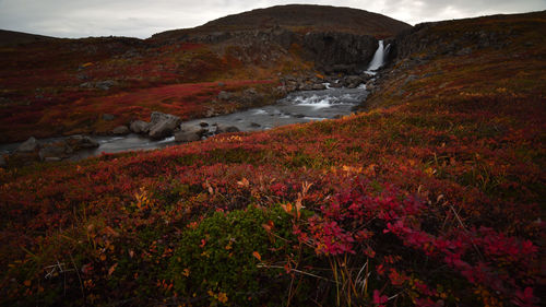 Scenic view of waterfall by mountain against sky