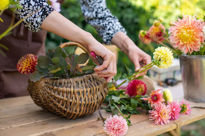 The florist makes a bouquet in a basket of autumn dahlias and asters