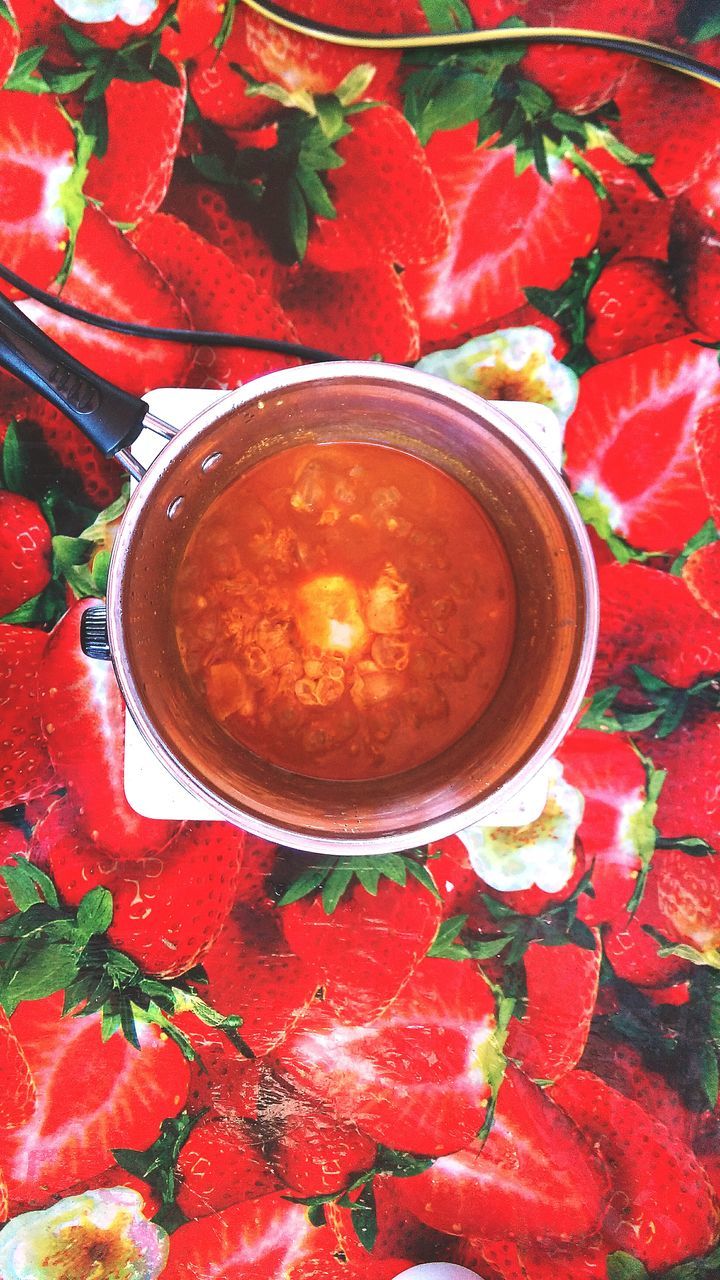 red, food and drink, indoors, freshness, still life, high angle view, table, food, healthy eating, directly above, close-up, drink, bowl, no people, refreshment, spoon, plate, strawberry, ready-to-eat, orange color