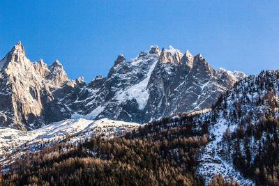 Panoramic view of snowcapped mountains against blue sky