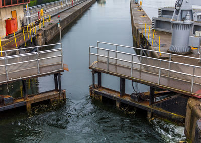 High angle view of river along buildings