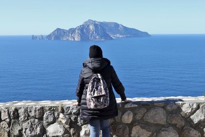 Rear view of man looking at sea against sky