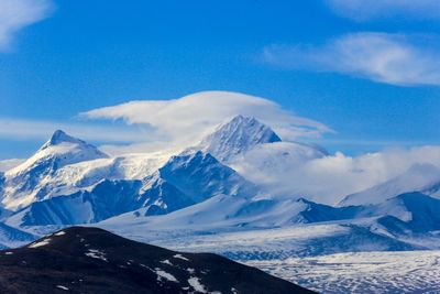 Scenic view of snowcapped mountains against sky