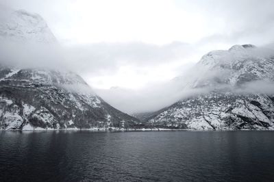 Scenic view of lake against cloudy sky