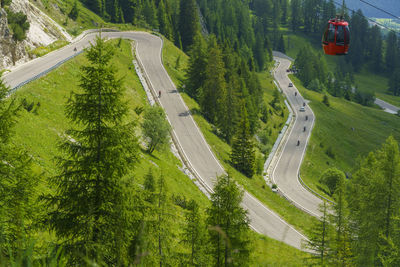 High angle view of vehicles on road amidst trees