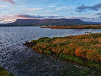 Scenic view of lake against sky during sunset