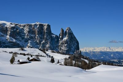 Scenic view of snowcapped mountains against clear blue sky