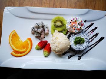 High angle view of fruits in plate