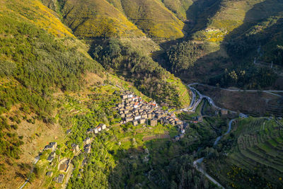 Piodao aerial drone view of schist shale village in serra da estrela, portugal