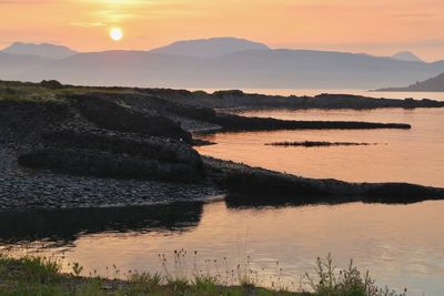 Scenic view of lake against sky during sunset