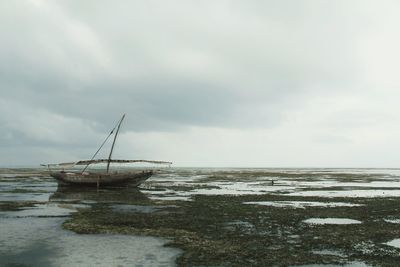Boat moored at beach against sky