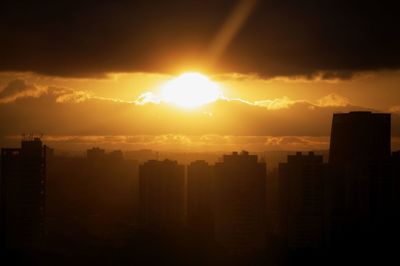 Scenic view of buildings against sky during sunset