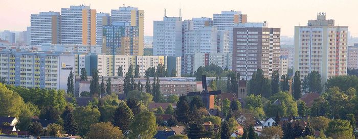 High angle view of buildings in city