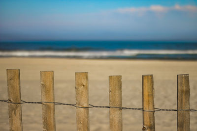 Wooden posts on beach against sky