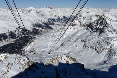 Close-up of snow on mountain against sky