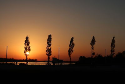 Silhouette trees by sea against orange sky