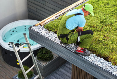 High angle view of man working at farm