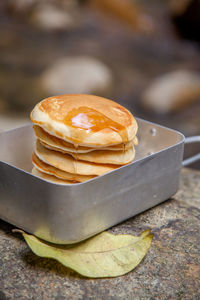 Close-up of pancakes in tray