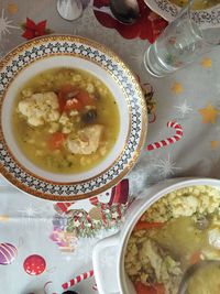 High angle view of soup in bowl on table