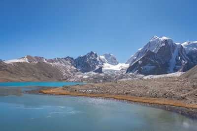 Scenic view of snowcapped mountains against clear blue sky