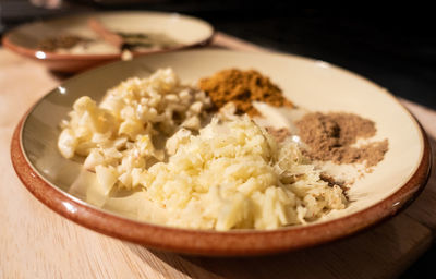 Close-up of breakfast served on table