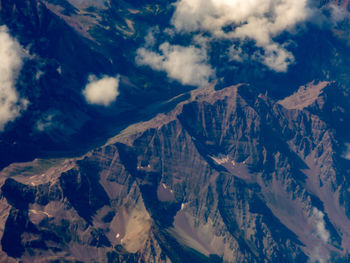 Aerial view of snowcapped mountain against cloudy sky