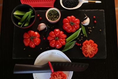 High angle view of fruits and vegetables on table