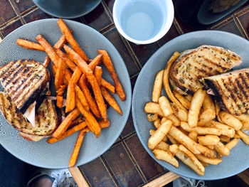 High angle view of food served on table
