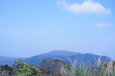 Scenic view of mountains against blue sky