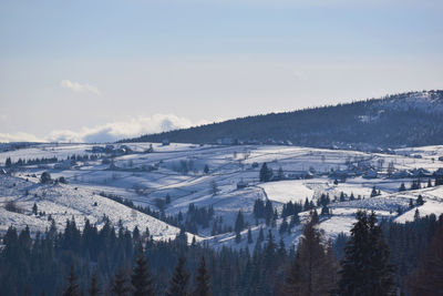 Panoramic view of snowcapped mountains against sky