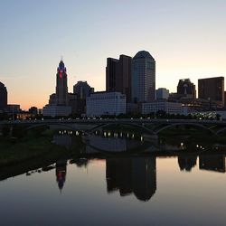 Reflection of buildings in river against sky