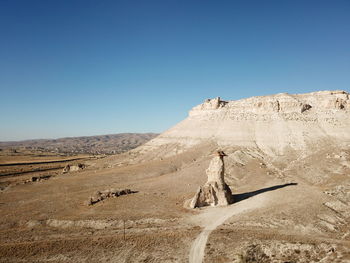 Scenic view of arid landscape against clear blue sky